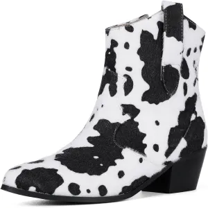 Cozivwaiy Women Cow Print Ankle Boots Chunky Heel Short Boots Animal Print Cowboy Boots Plus size (US 6-13)