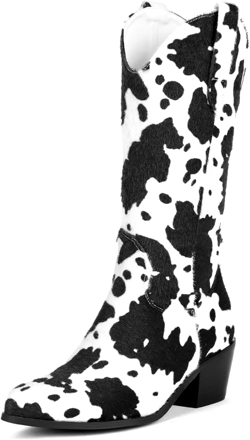 Cozivwaiy Women Mid Calf Cowboy Boots Chunky Heel Half Boots Cow Print Western Boots Plus size (US 4-12.5)