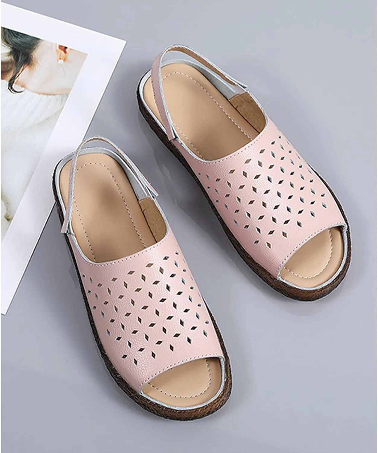 Crepuscute Women's Hollow Out Leather Fish Mouth Soft Bottom Sandals,Summer Slip On Soft Leather Slides Sandal Open Toe with Ankle Strap Breathable Comfortable Sandals