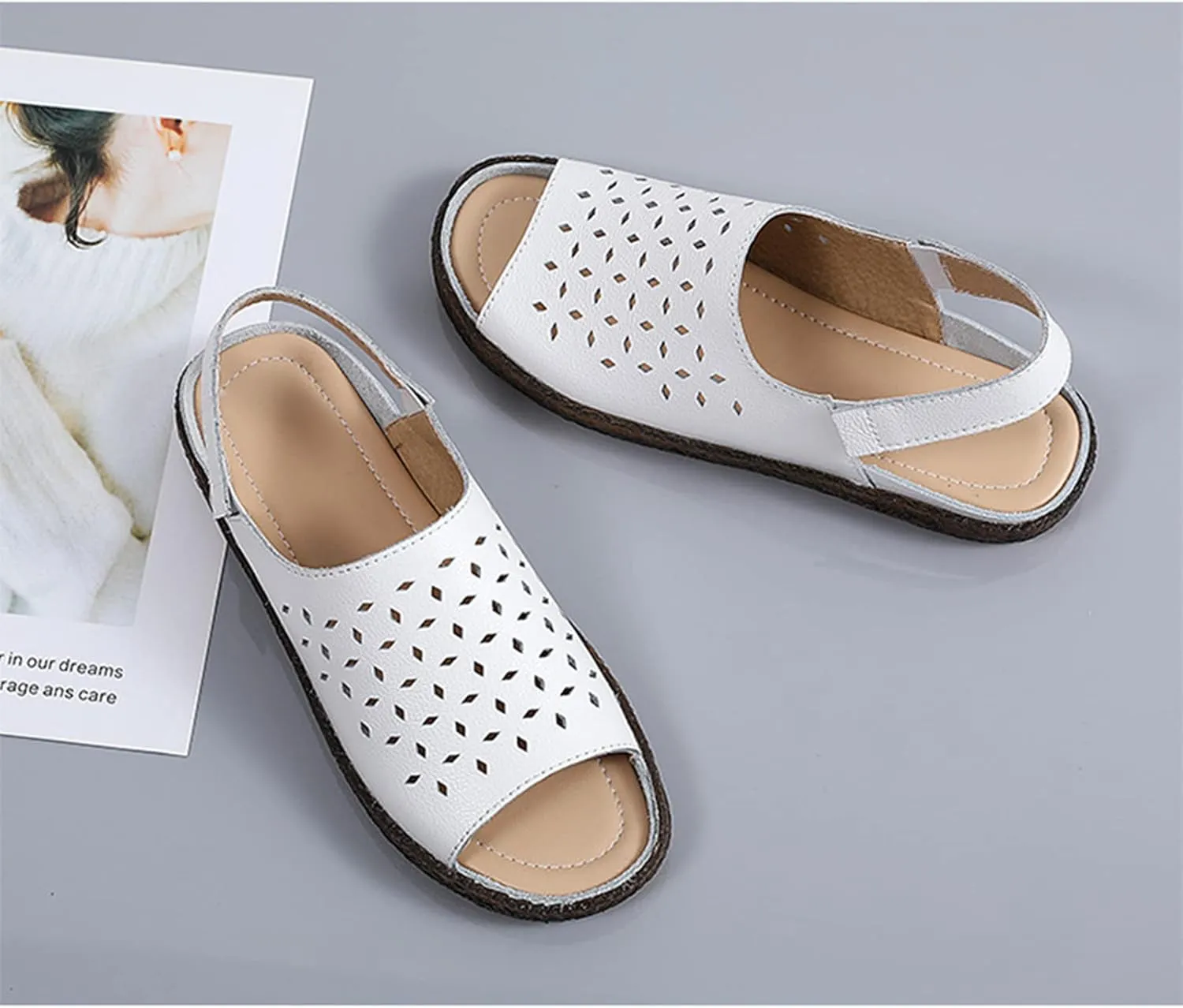 Crepuscute Women's Hollow Out Leather Fish Mouth Soft Bottom Sandals,Summer Slip On Soft Leather Slides Sandal Open Toe with Ankle Strap Breathable Comfortable Sandals