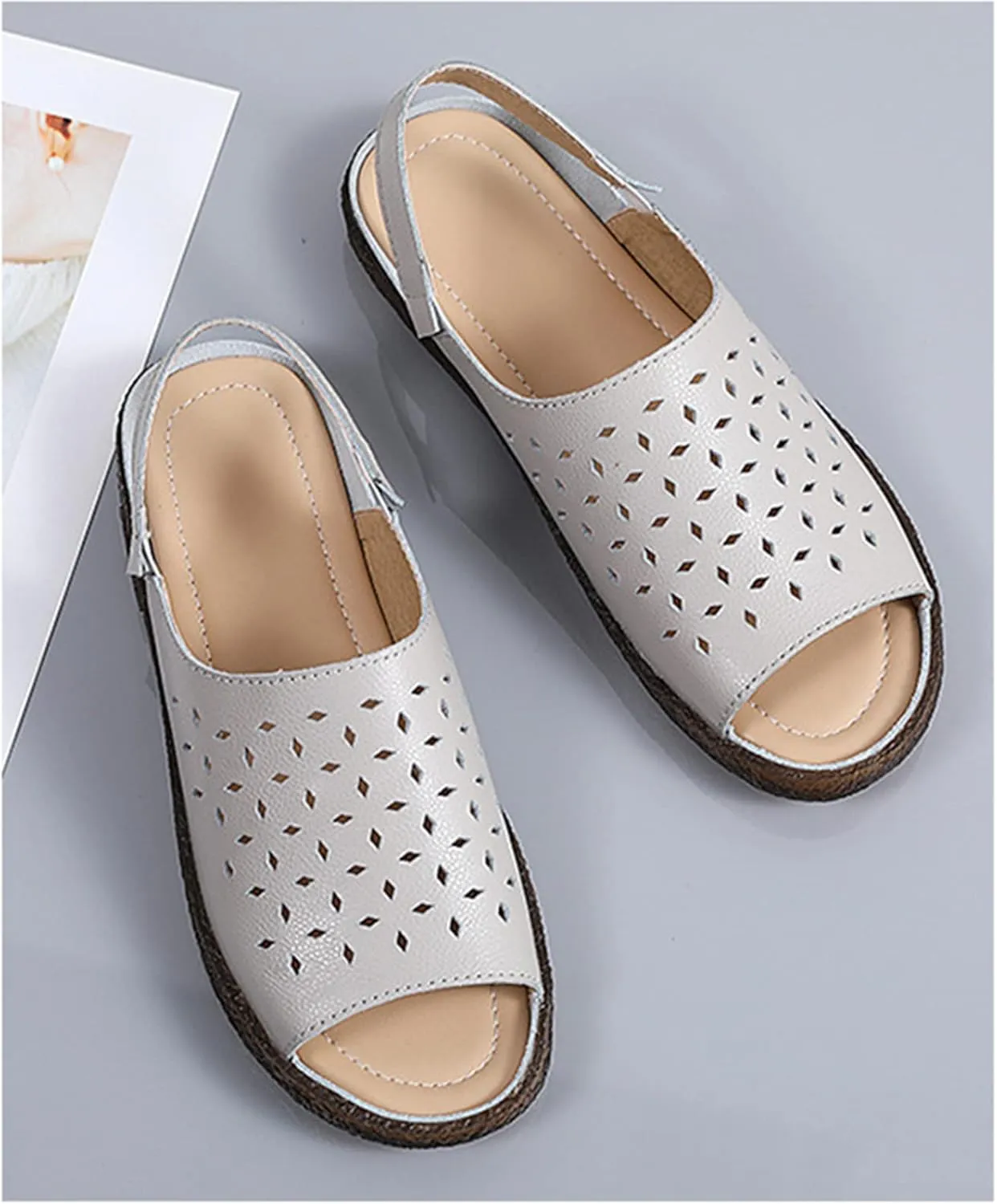 Crepuscute Women's Hollow Out Leather Fish Mouth Soft Bottom Sandals,Summer Slip On Soft Leather Slides Sandal Open Toe with Ankle Strap Breathable Comfortable Sandals