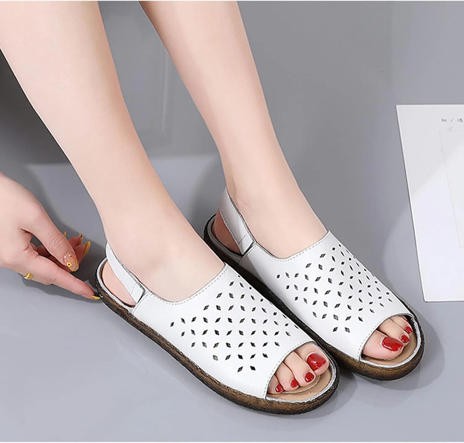 Crepuscute Women's Hollow Out Leather Fish Mouth Soft Bottom Sandals,Summer Slip On Soft Leather Slides Sandal Open Toe with Ankle Strap Breathable Comfortable Sandals