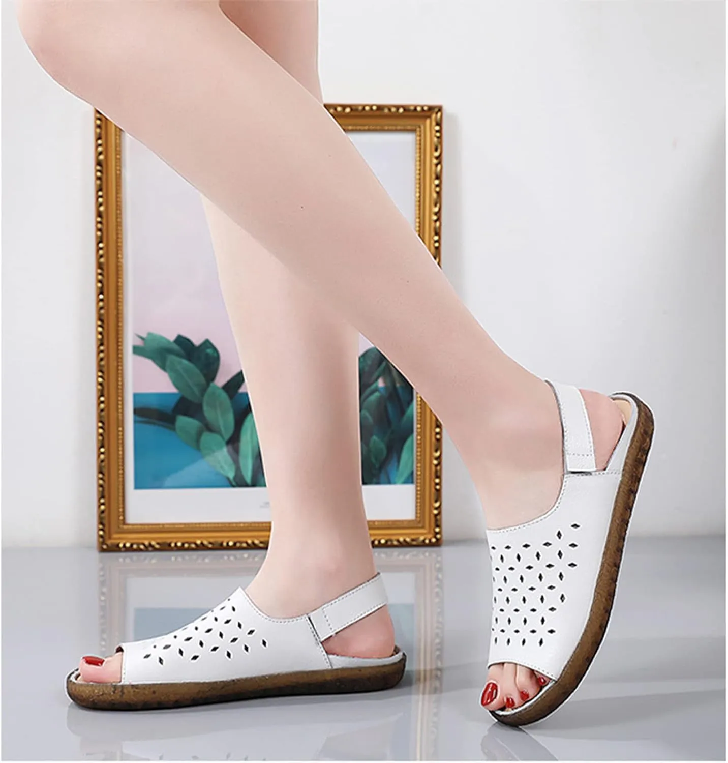 Crepuscute Women's Hollow Out Leather Fish Mouth Soft Bottom Sandals,Summer Slip On Soft Leather Slides Sandal Open Toe with Ankle Strap Breathable Comfortable Sandals
