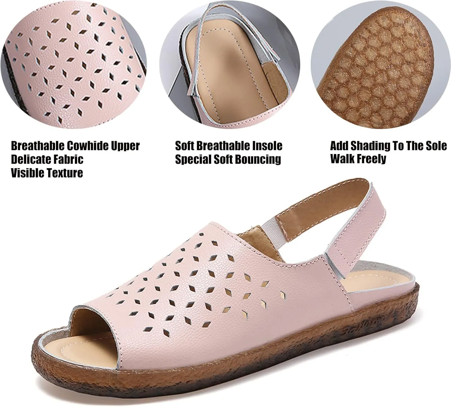 Crepuscute Women's Hollow Out Leather Fish Mouth Soft Bottom Sandals,Summer Slip On Soft Leather Slides Sandal Open Toe with Ankle Strap Breathable Comfortable Sandals