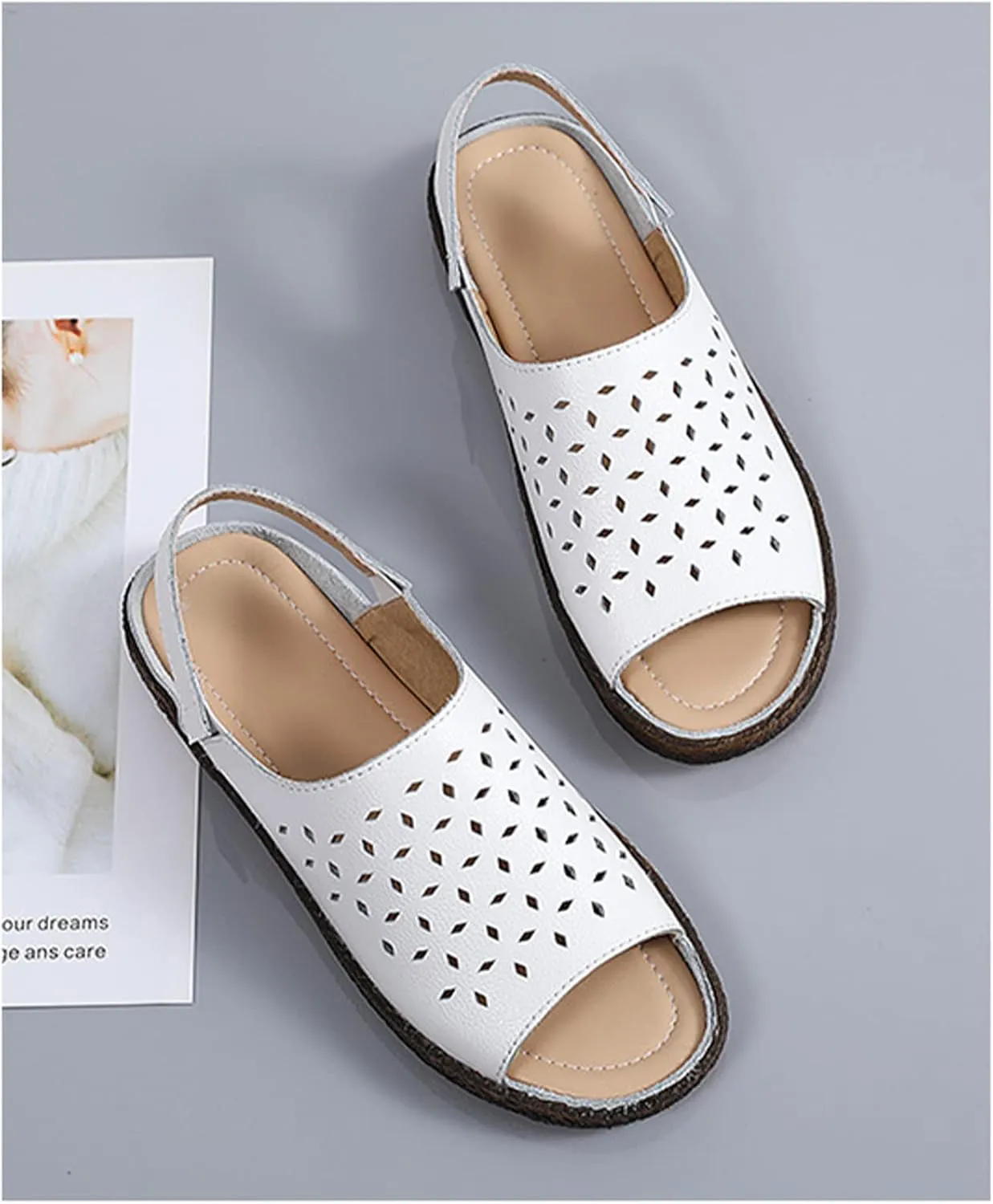 Crepuscute Women's Hollow Out Leather Fish Mouth Soft Bottom Sandals,Summer Slip On Soft Leather Slides Sandal Open Toe with Ankle Strap Breathable Comfortable Sandals