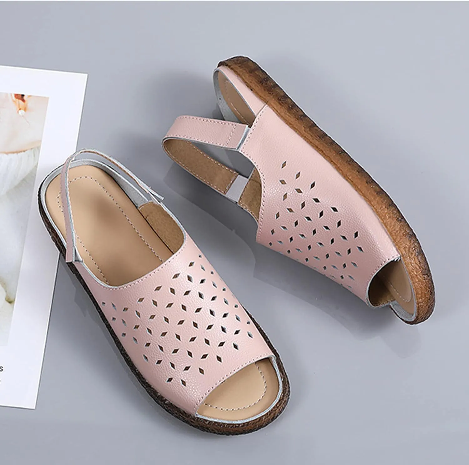 Crepuscute Women's Hollow Out Leather Fish Mouth Soft Bottom Sandals,Summer Slip On Soft Leather Slides Sandal Open Toe with Ankle Strap Breathable Comfortable Sandals