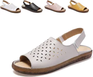Crepuscute Women's Hollow Out Leather Fish Mouth Soft Bottom Sandals,Summer Slip On Soft Leather Slides Sandal Open Toe with Ankle Strap Breathable Comfortable Sandals