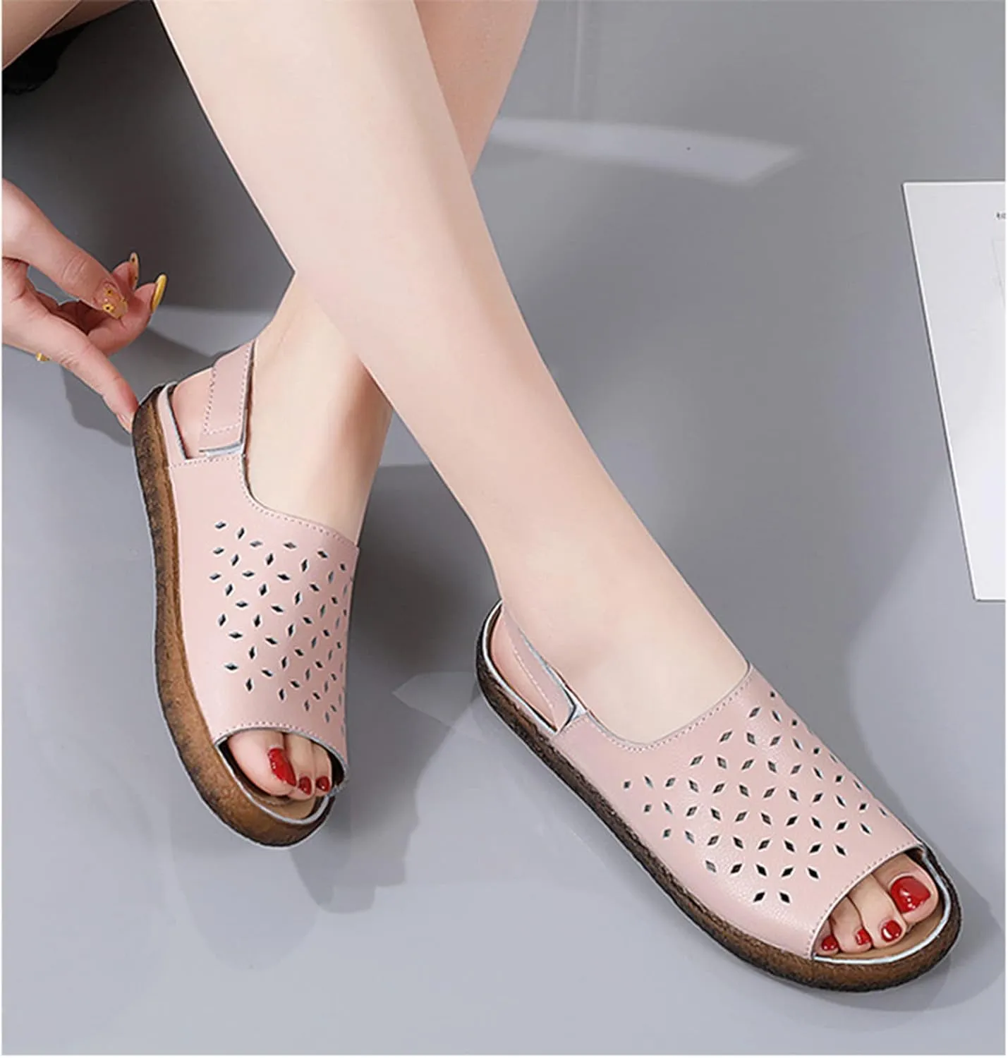 Crepuscute Women's Hollow Out Leather Fish Mouth Soft Bottom Sandals,Summer Slip On Soft Leather Slides Sandal Open Toe with Ankle Strap Breathable Comfortable Sandals