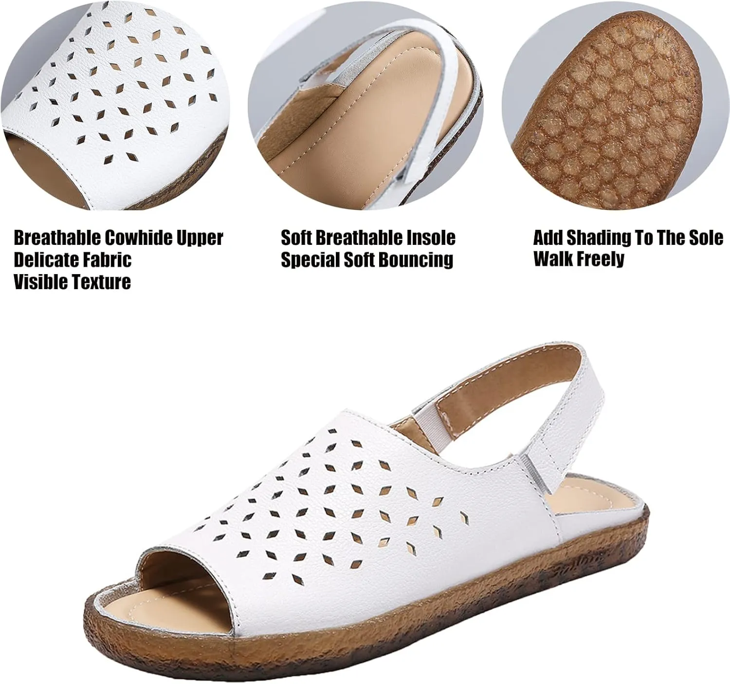 Crepuscute Women's Hollow Out Leather Fish Mouth Soft Bottom Sandals,Summer Slip On Soft Leather Slides Sandal Open Toe with Ankle Strap Breathable Comfortable Sandals