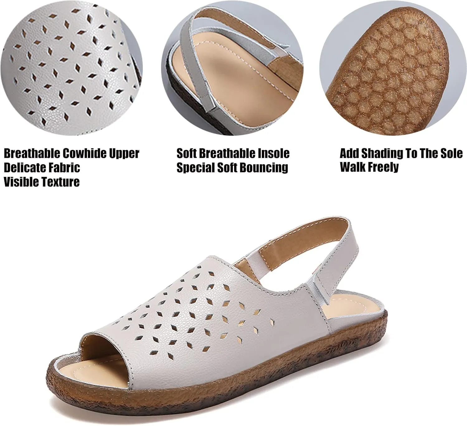 Crepuscute Women's Hollow Out Leather Fish Mouth Soft Bottom Sandals,Summer Slip On Soft Leather Slides Sandal Open Toe with Ankle Strap Breathable Comfortable Sandals