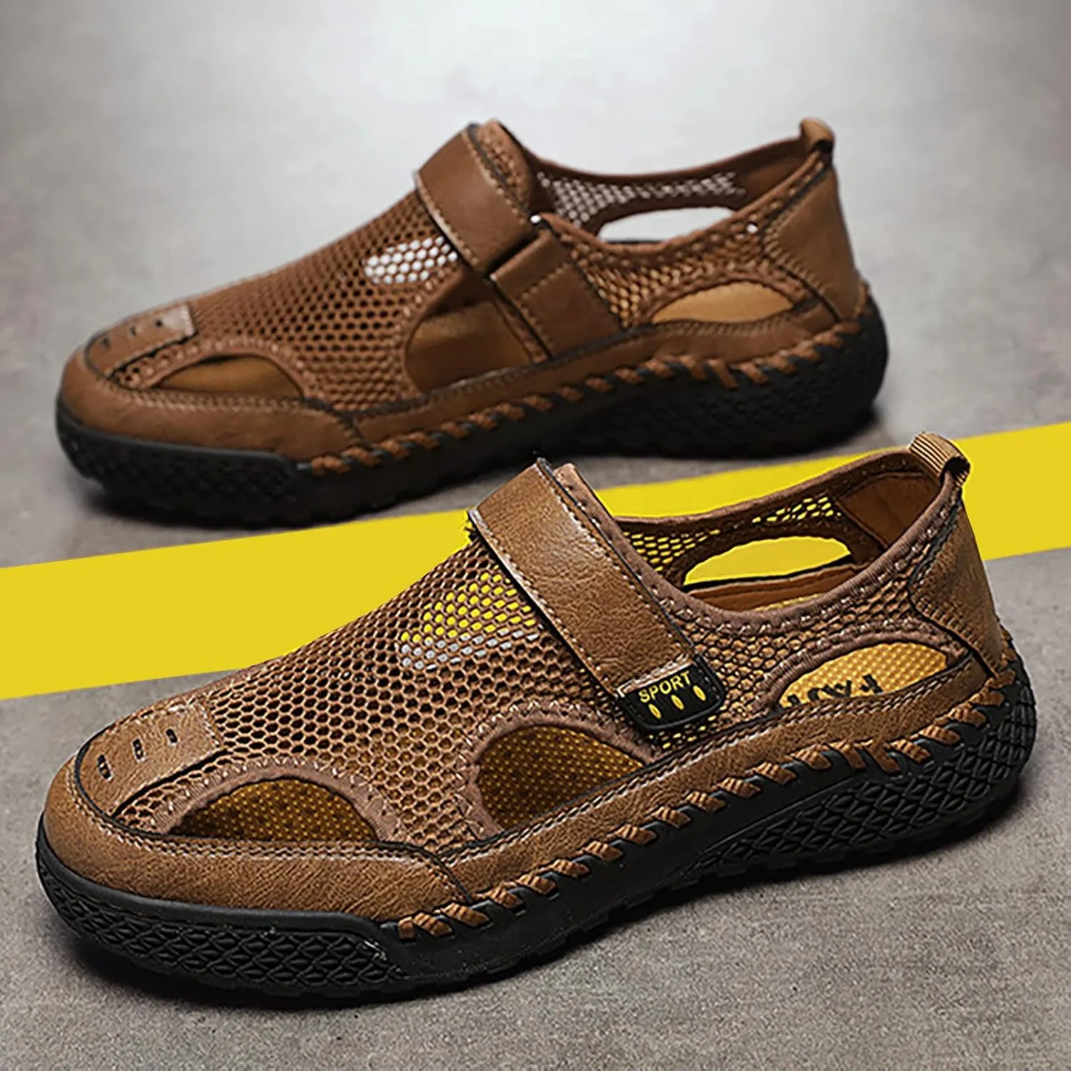 CsgrFagr 2023 Men's New Summer Breathable Versatile Trend Outdoor Handmade Large Beach Shoes Closed Toe Sandals for Men Size 13 (Brown, 11)
