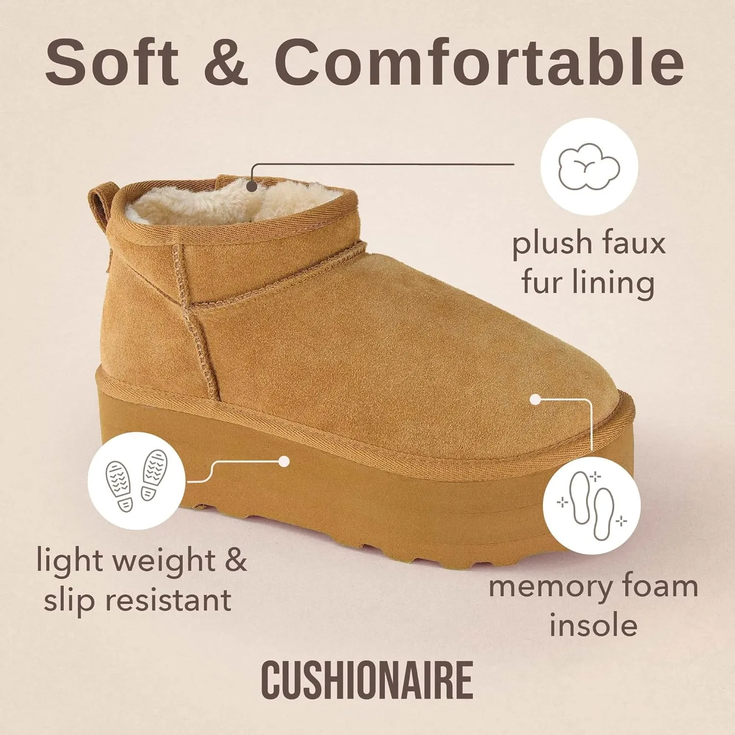CUSHIONAIRE Hippy Women’s Platform Ankle Boots – Genuine Suede, Faux Fur Lining, Cozy Winter Slip-On Design, Comfortable Footwear with Wide Widths Available