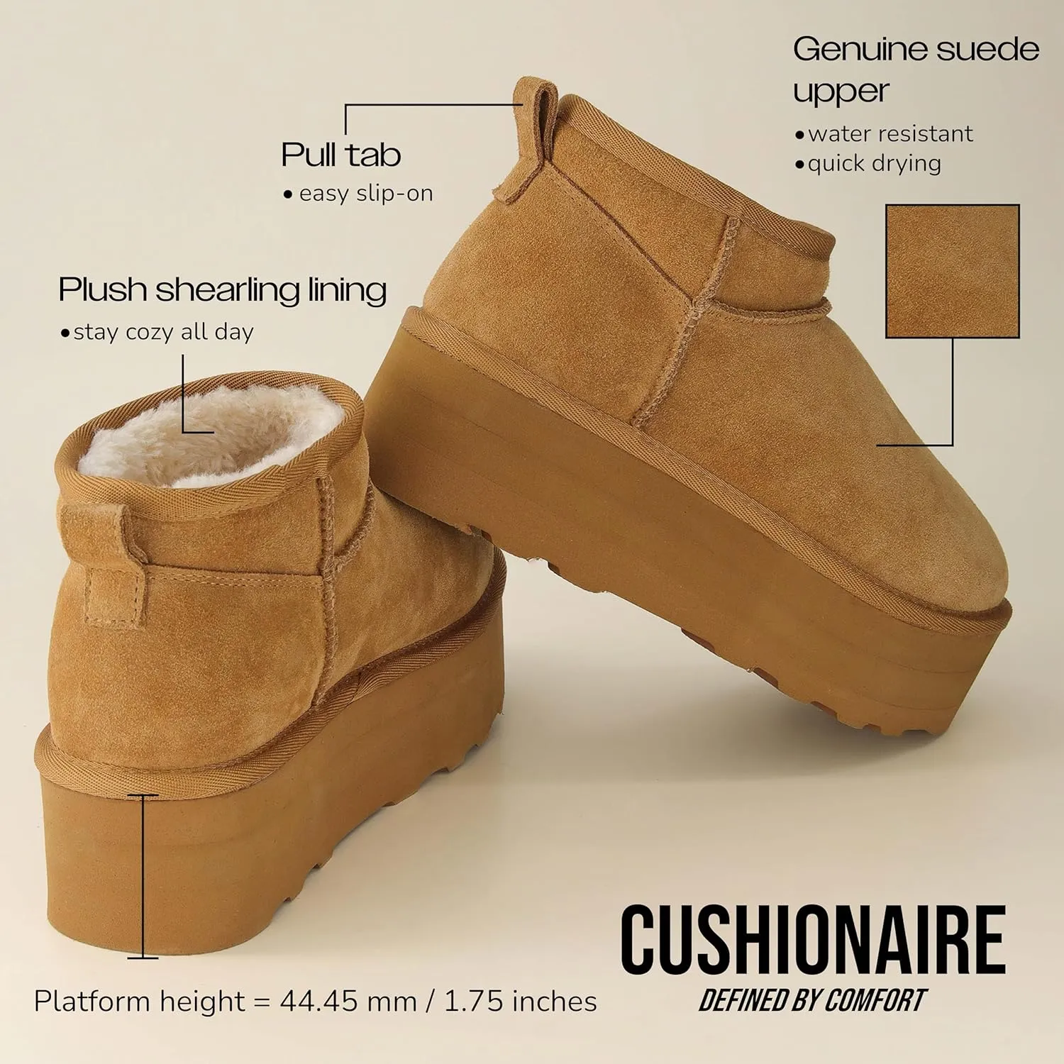 CUSHIONAIRE Hippy Women’s Platform Ankle Boots – Genuine Suede, Faux Fur Lining, Cozy Winter Slip-On Design, Comfortable Footwear with Wide Widths Available