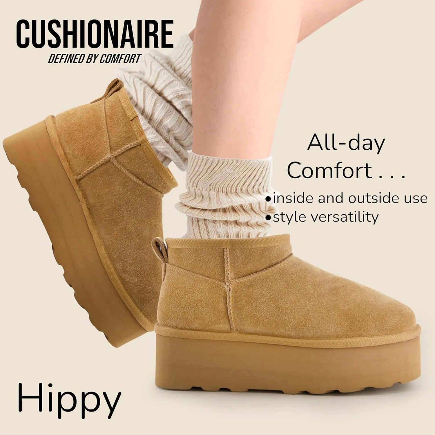 CUSHIONAIRE Hippy Women’s Platform Ankle Boots – Genuine Suede, Faux Fur Lining, Cozy Winter Slip-On Design, Comfortable Footwear with Wide Widths Available