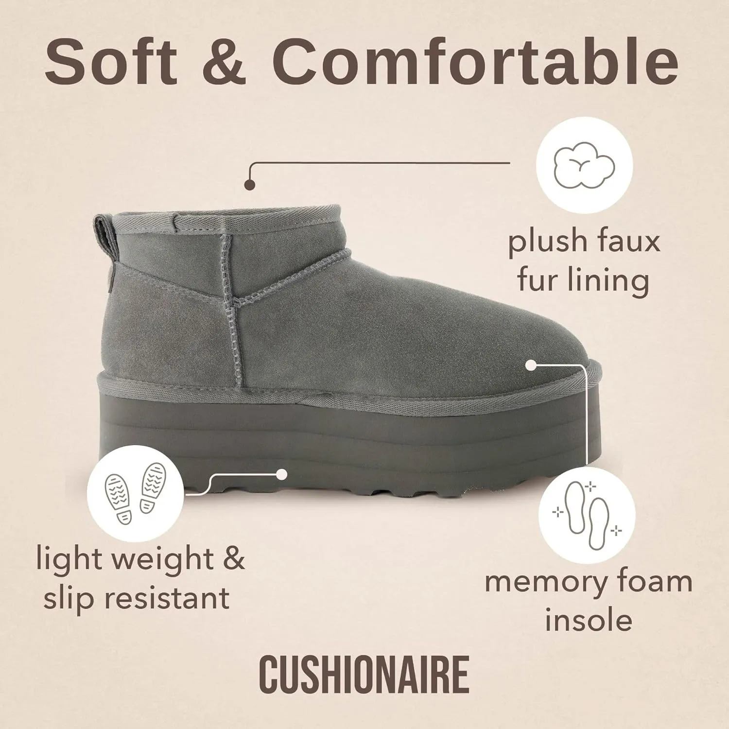 CUSHIONAIRE Hippy Women’s Platform Ankle Boots – Genuine Suede, Faux Fur Lining, Cozy Winter Slip-On Design, Comfortable Footwear with Wide Widths Available