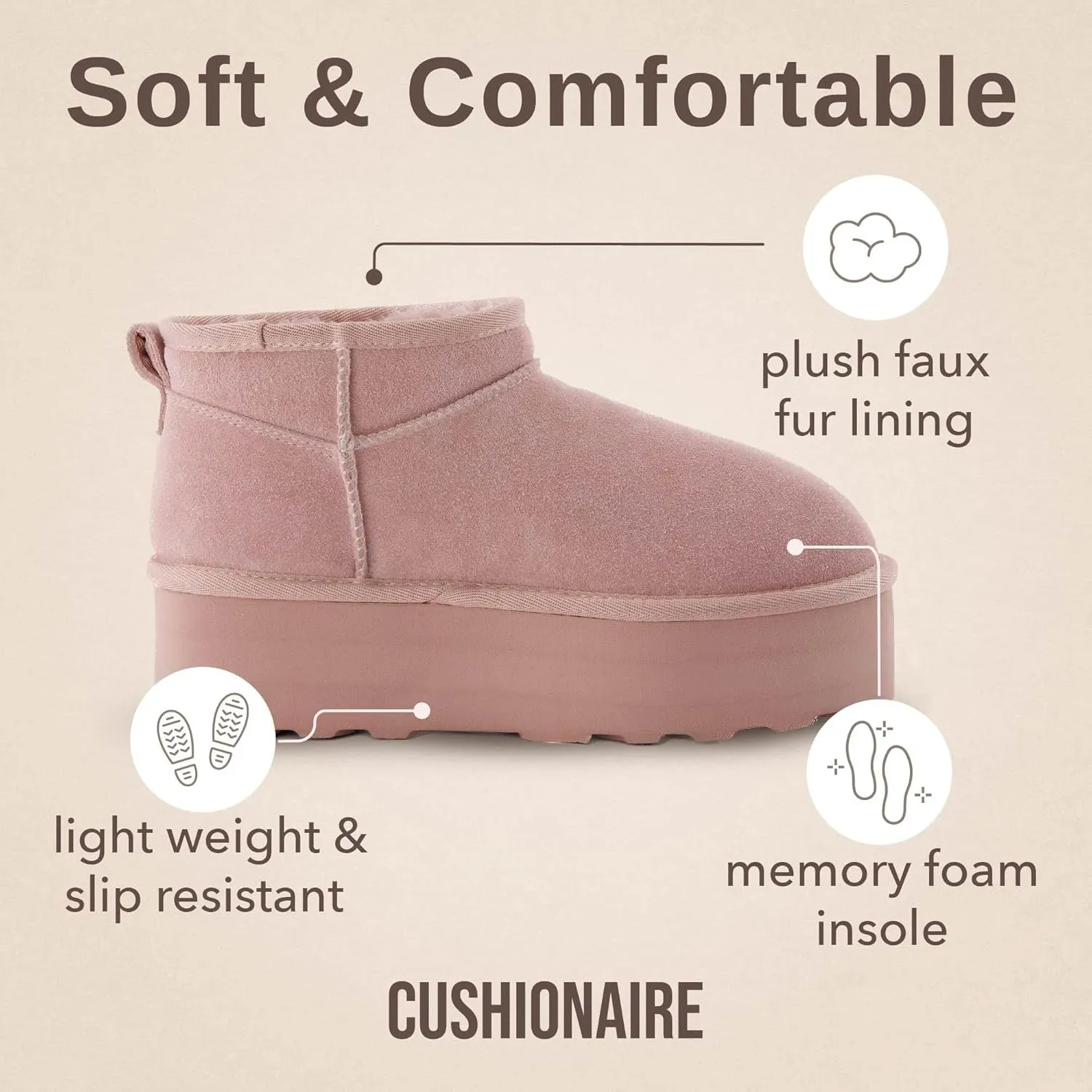 CUSHIONAIRE Hippy Women’s Platform Ankle Boots – Genuine Suede, Faux Fur Lining, Cozy Winter Slip-On Design, Comfortable Footwear with Wide Widths Available