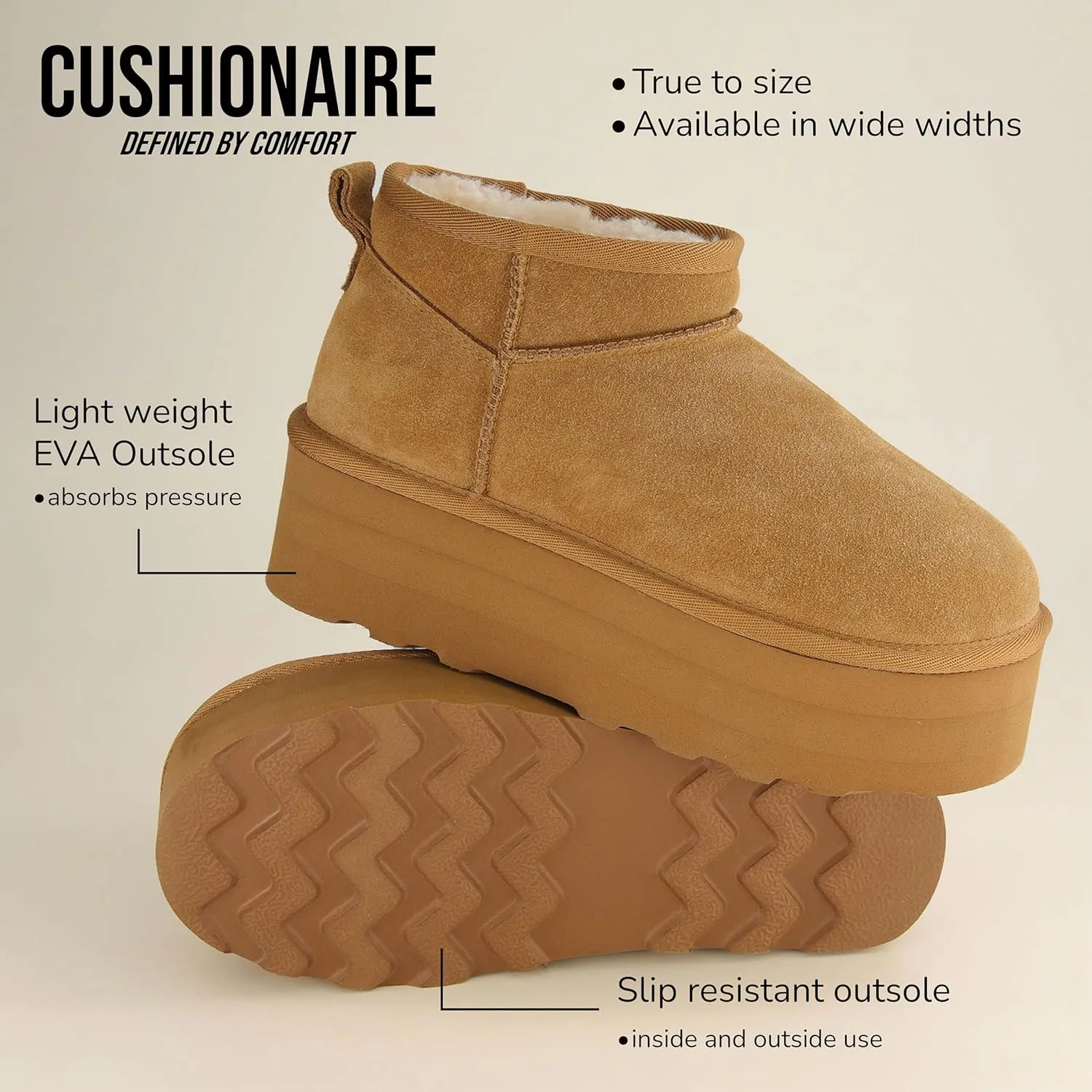CUSHIONAIRE Hippy Women’s Platform Ankle Boots – Genuine Suede, Faux Fur Lining, Cozy Winter Slip-On Design, Comfortable Footwear with Wide Widths Available