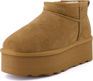 CUSHIONAIRE Hippy Women’s Platform Ankle Boots – Genuine Suede, Faux Fur Lining, Cozy Winter Slip-On Design, Comfortable Footwear with Wide Widths Available