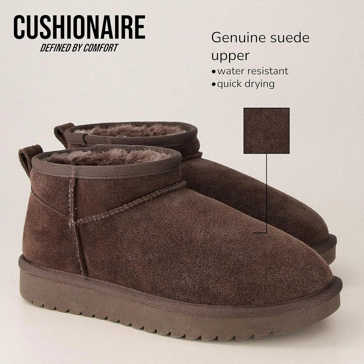 CUSHIONAIRE Women's Hip 2 Genuine Suede Ankle Snow Boots - Pull-On with Cozy Faux Shearling Lining,  Memory Foam