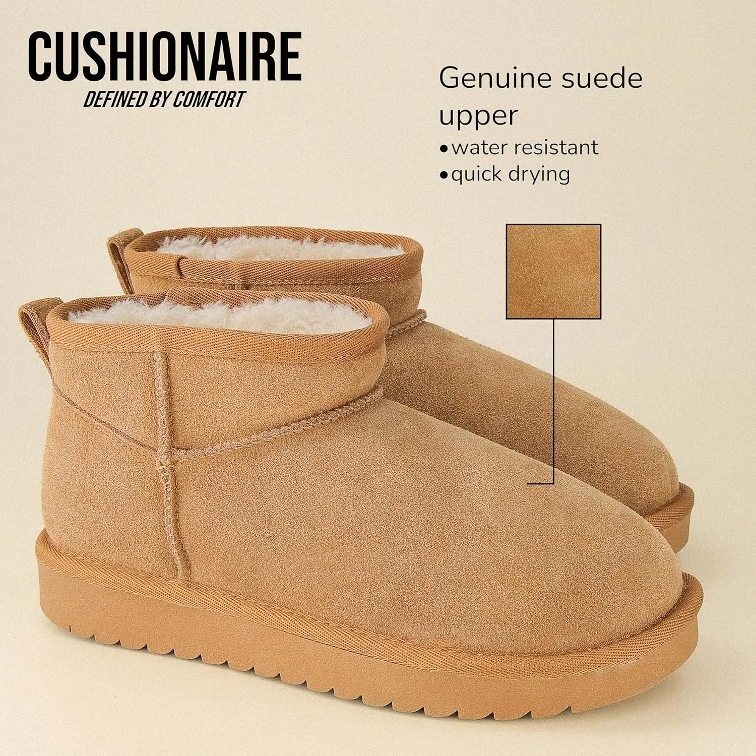 CUSHIONAIRE Women's Hip 2 Genuine Suede Ankle Snow Boots - Pull-On with Cozy Faux Shearling Lining,  Memory Foam