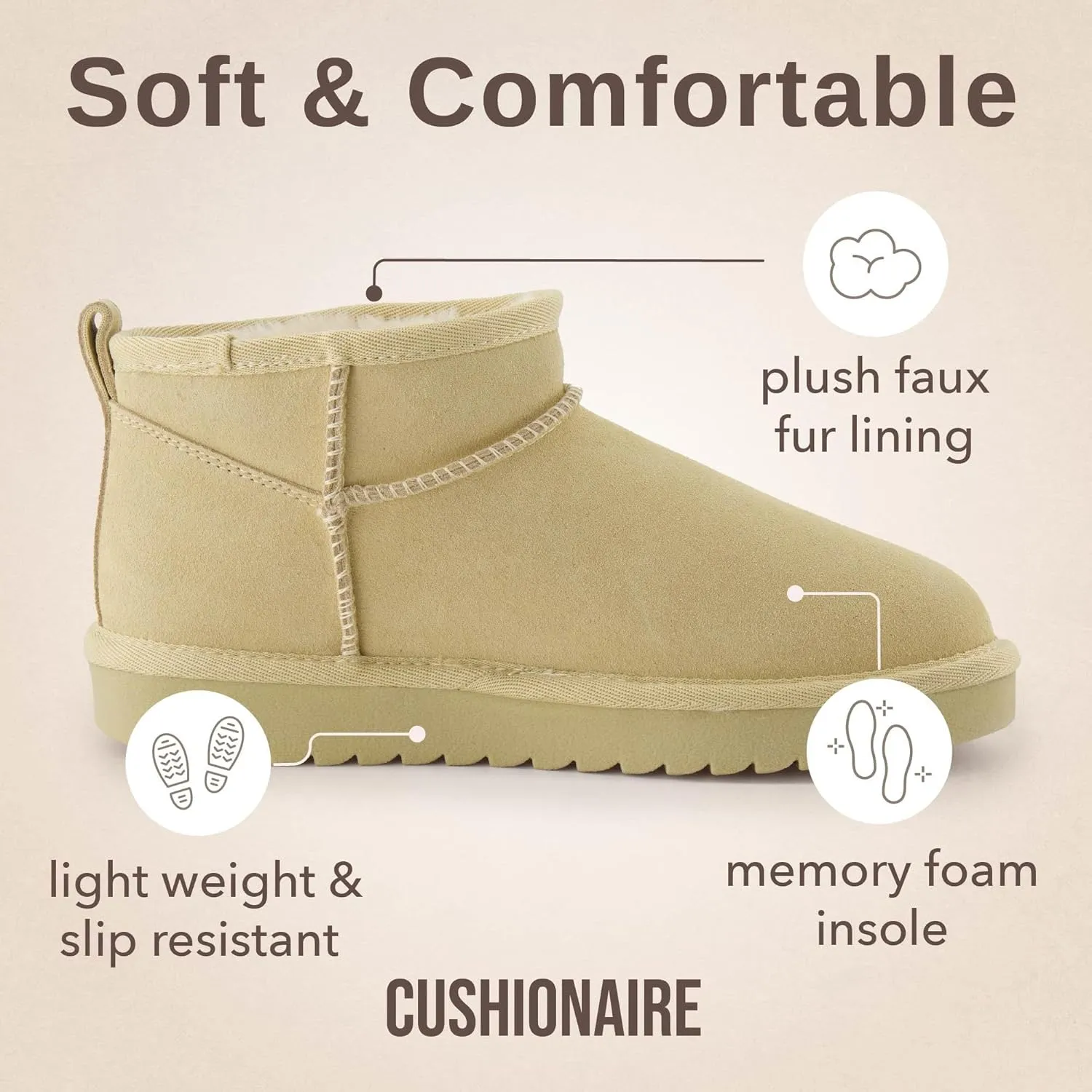 CUSHIONAIRE Women's Hip 2 Genuine Suede Ankle Snow Boots - Pull-On with Cozy Faux Shearling Lining,  Memory Foam
