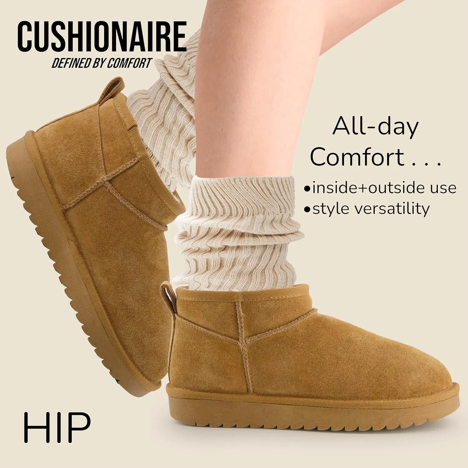 CUSHIONAIRE Women's Hip 2 Genuine Suede Ankle Snow Boots - Pull-On with Cozy Faux Shearling Lining,  Memory Foam