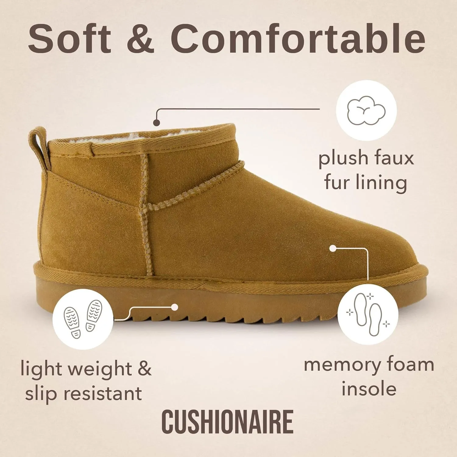 CUSHIONAIRE Women's Hip 2 Genuine Suede Ankle Snow Boots - Pull-On with Cozy Faux Shearling Lining,  Memory Foam