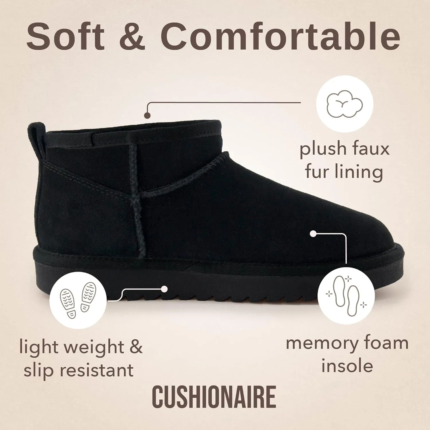 CUSHIONAIRE Women's Hip 2 Genuine Suede Ankle Snow Boots - Pull-On with Cozy Faux Shearling Lining,  Memory Foam