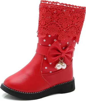 DADAWEN Girl's Waterproof Lace Bowknot Side Zipper Fur Winter Boots (Toddler/Little Kid/Big Kid)