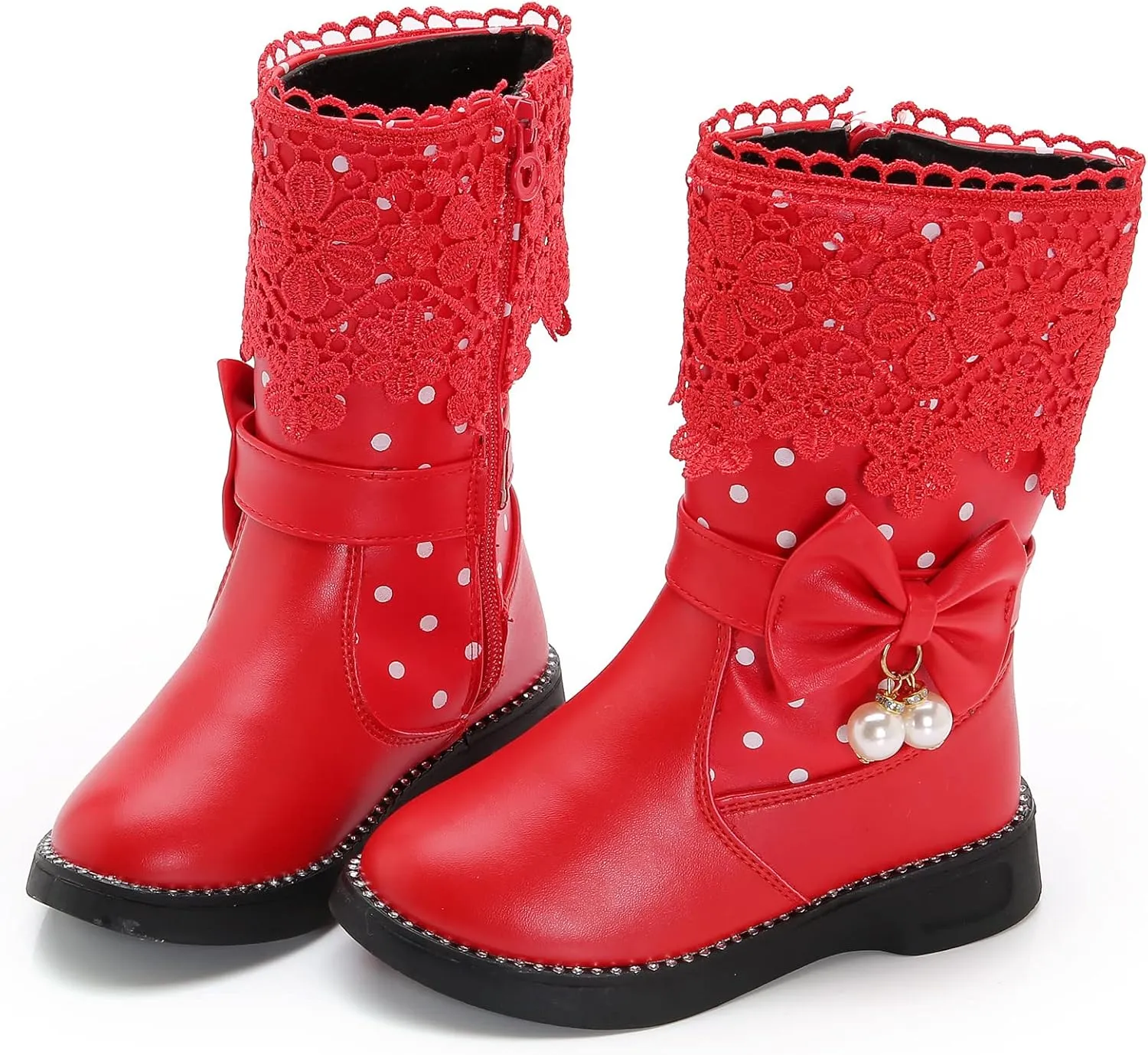 DADAWEN Girl's Waterproof Lace Bowknot Side Zipper Fur Winter Boots (Toddler/Little Kid/Big Kid)