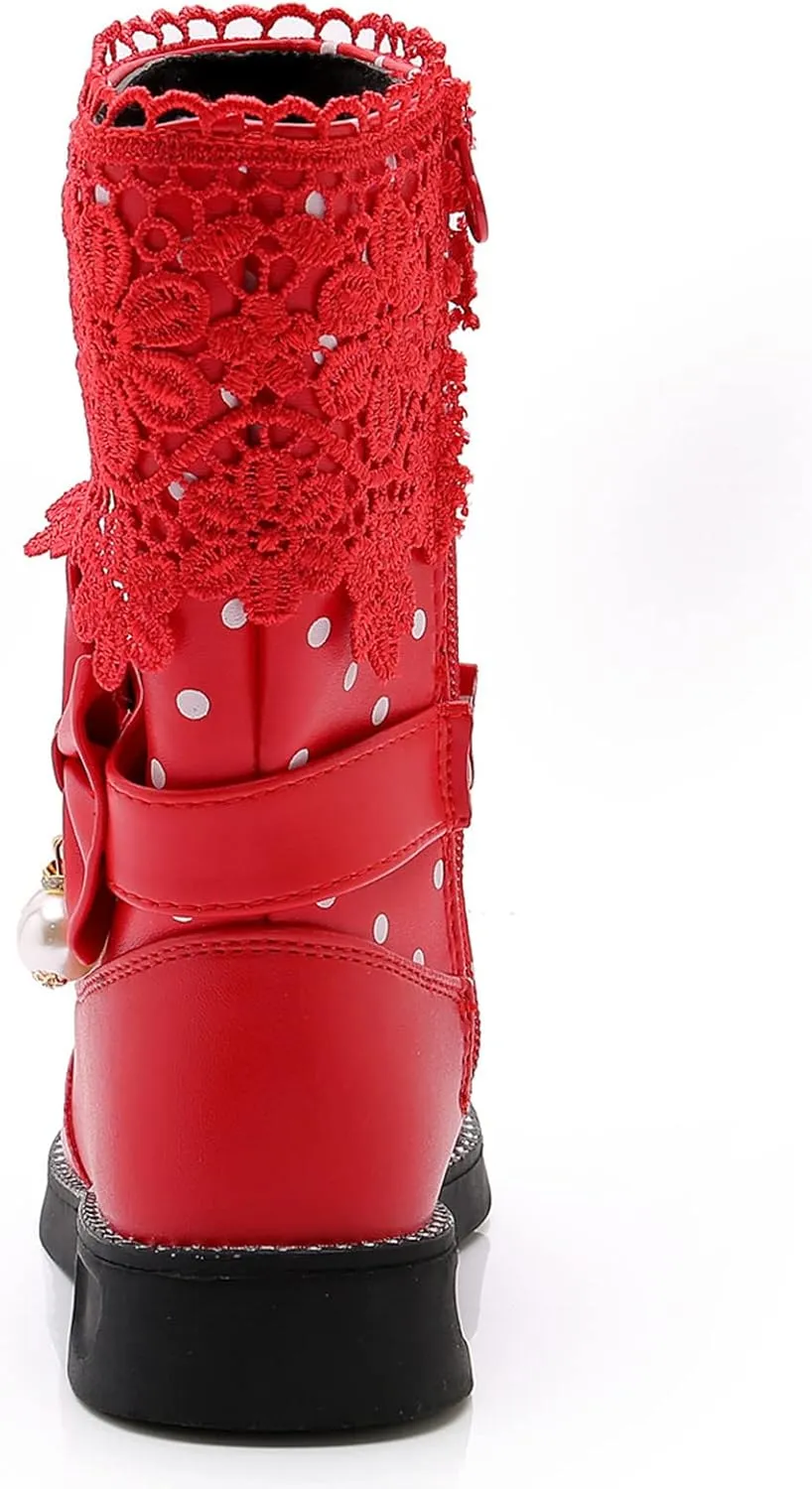 DADAWEN Girl's Waterproof Lace Bowknot Side Zipper Fur Winter Boots (Toddler/Little Kid/Big Kid)