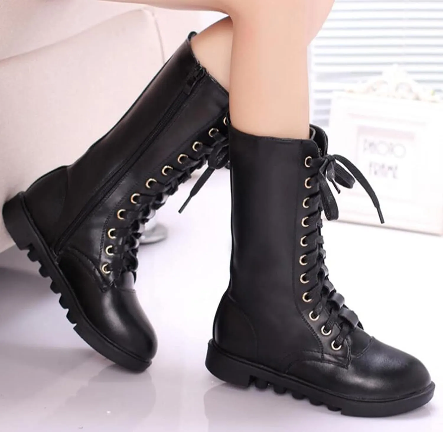 DADAWEN Kid's Girls Leather Lace-Up Zipper Mid Calf Combat Riding Winter Boots (Toddler/Little Kid/Big Kid)