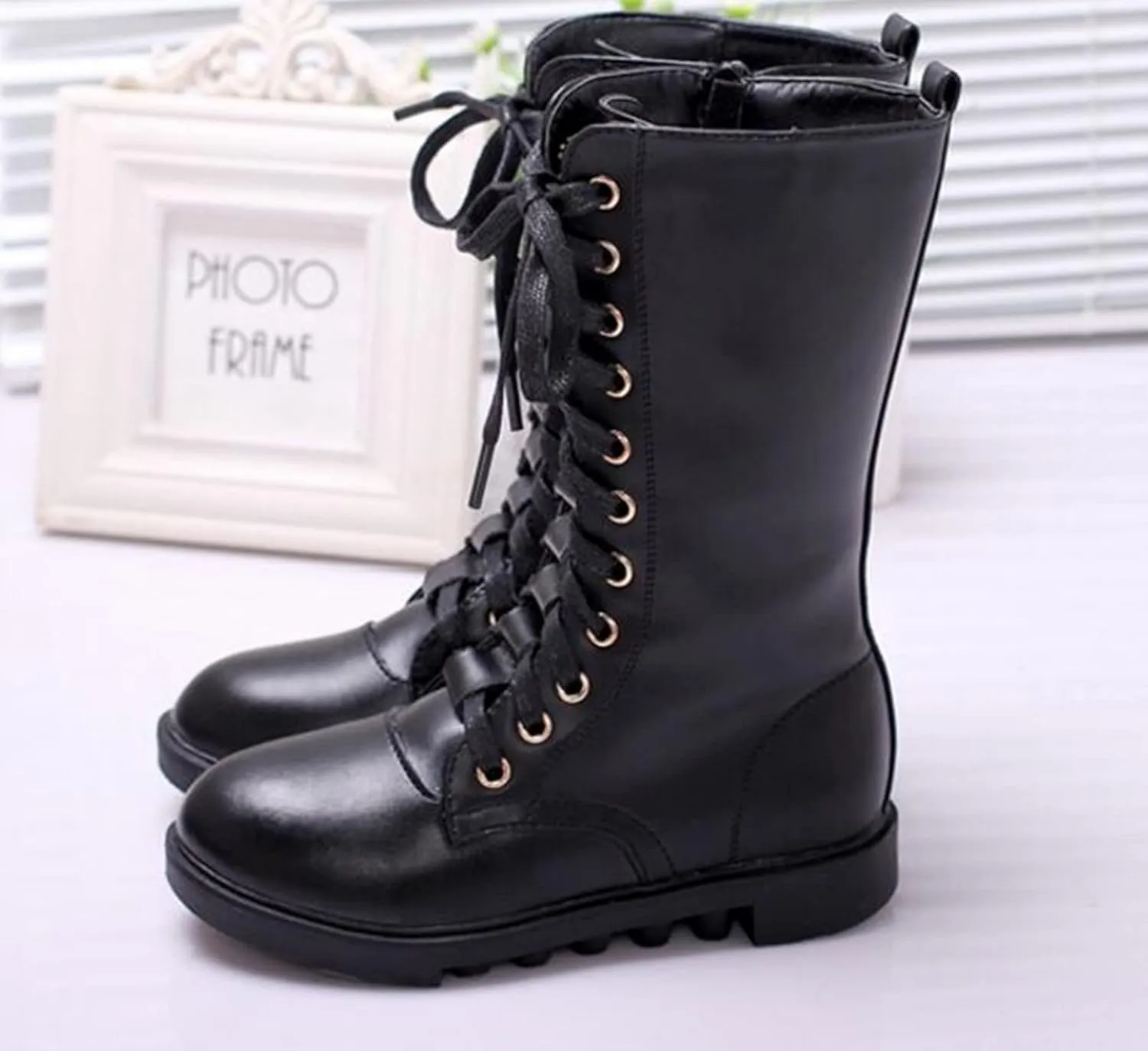 DADAWEN Kid's Girls Leather Lace-Up Zipper Mid Calf Combat Riding Winter Boots (Toddler/Little Kid/Big Kid)