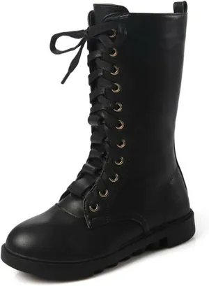 DADAWEN Kid's Girls Leather Lace-Up Zipper Mid Calf Combat Riding Winter Boots (Toddler/Little Kid/Big Kid)