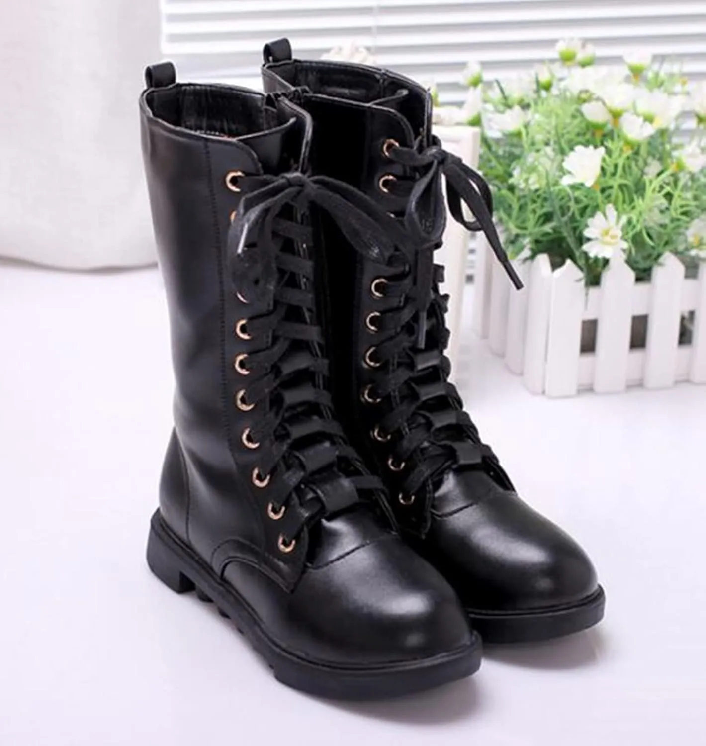 DADAWEN Kid's Girls Leather Lace-Up Zipper Mid Calf Combat Riding Winter Boots (Toddler/Little Kid/Big Kid)