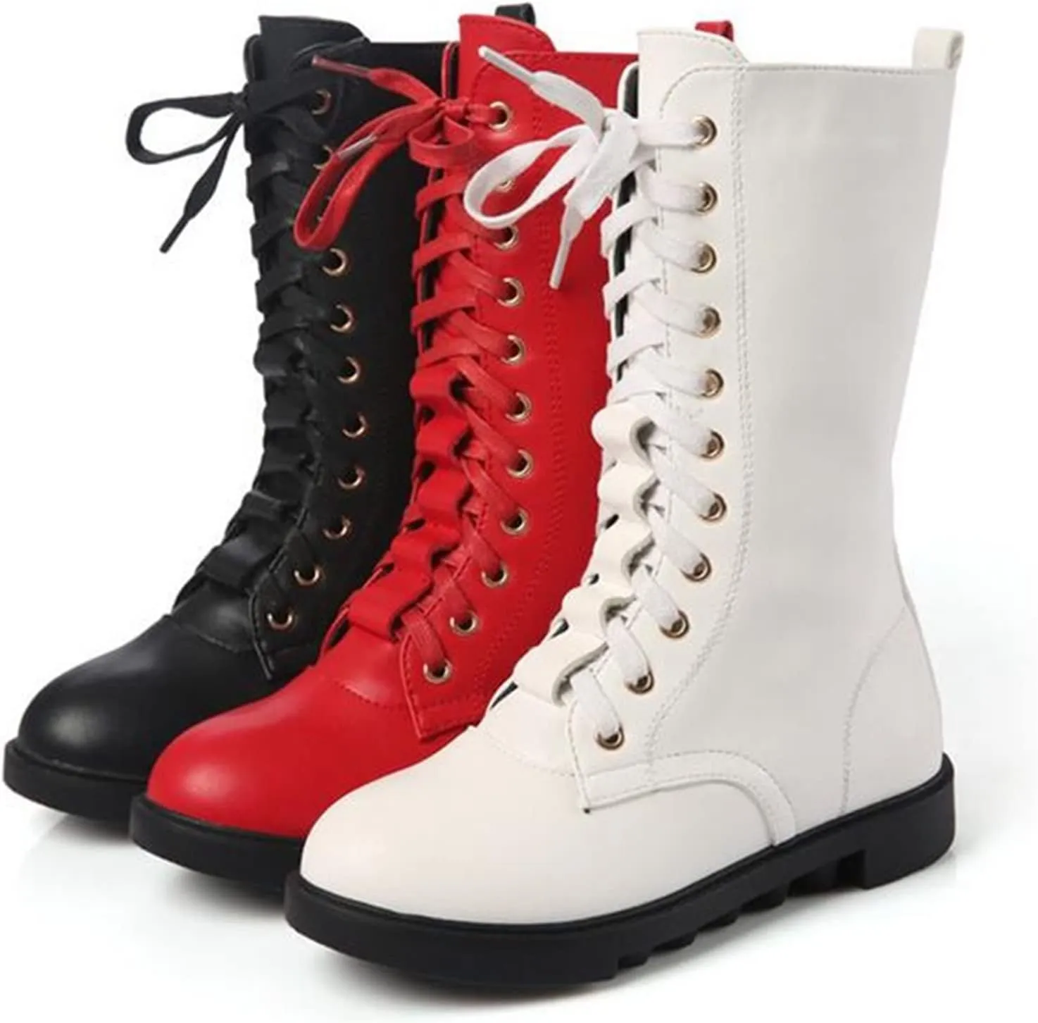 DADAWEN Kid's Girls Leather Lace-Up Zipper Mid Calf Combat Riding Winter Boots (Toddler/Little Kid/Big Kid)