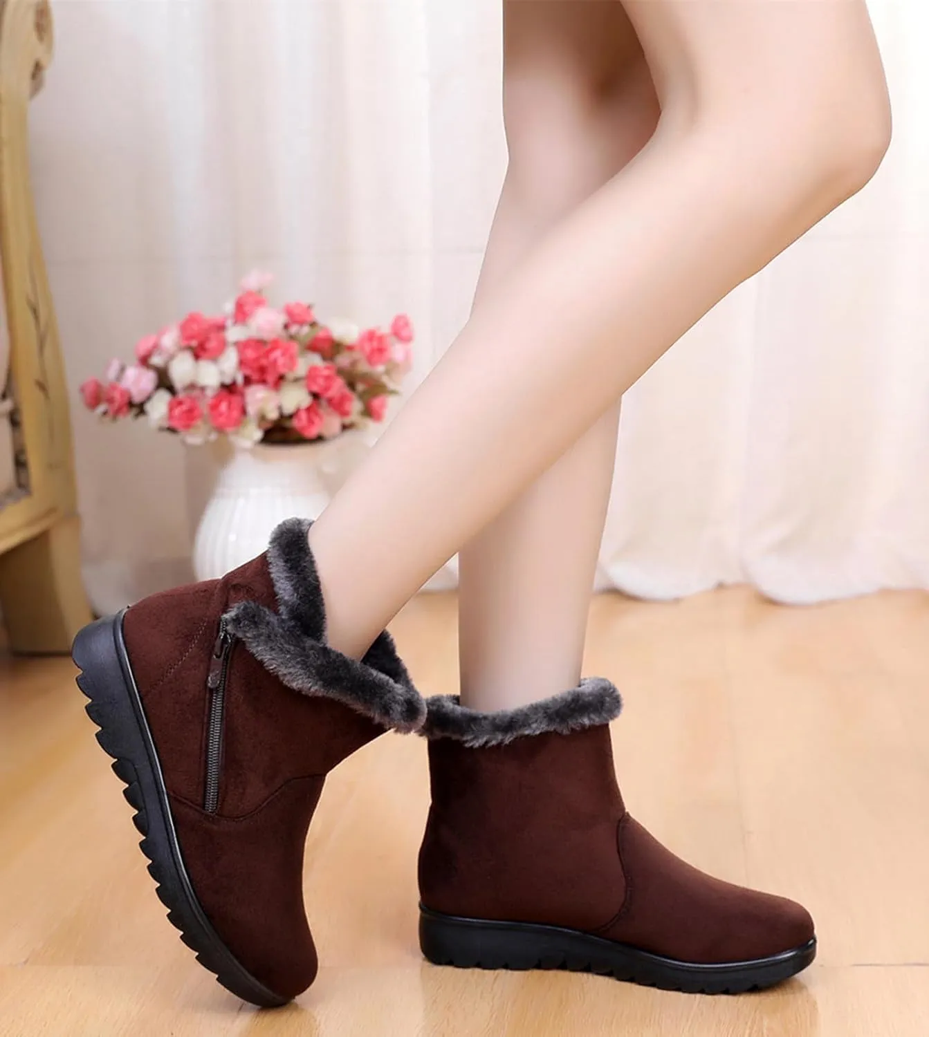 DADAWEN Women's Winter Warm Fur Lined Snow Boots Side Zipper Ankle Boots Outdoor Booties Comfortable Boots for Women