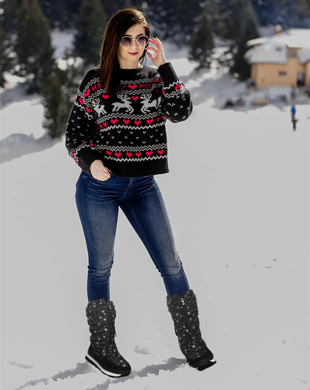 DADAWEN Women's Winter Waterproof Fur Lined Frosty Snow Boots