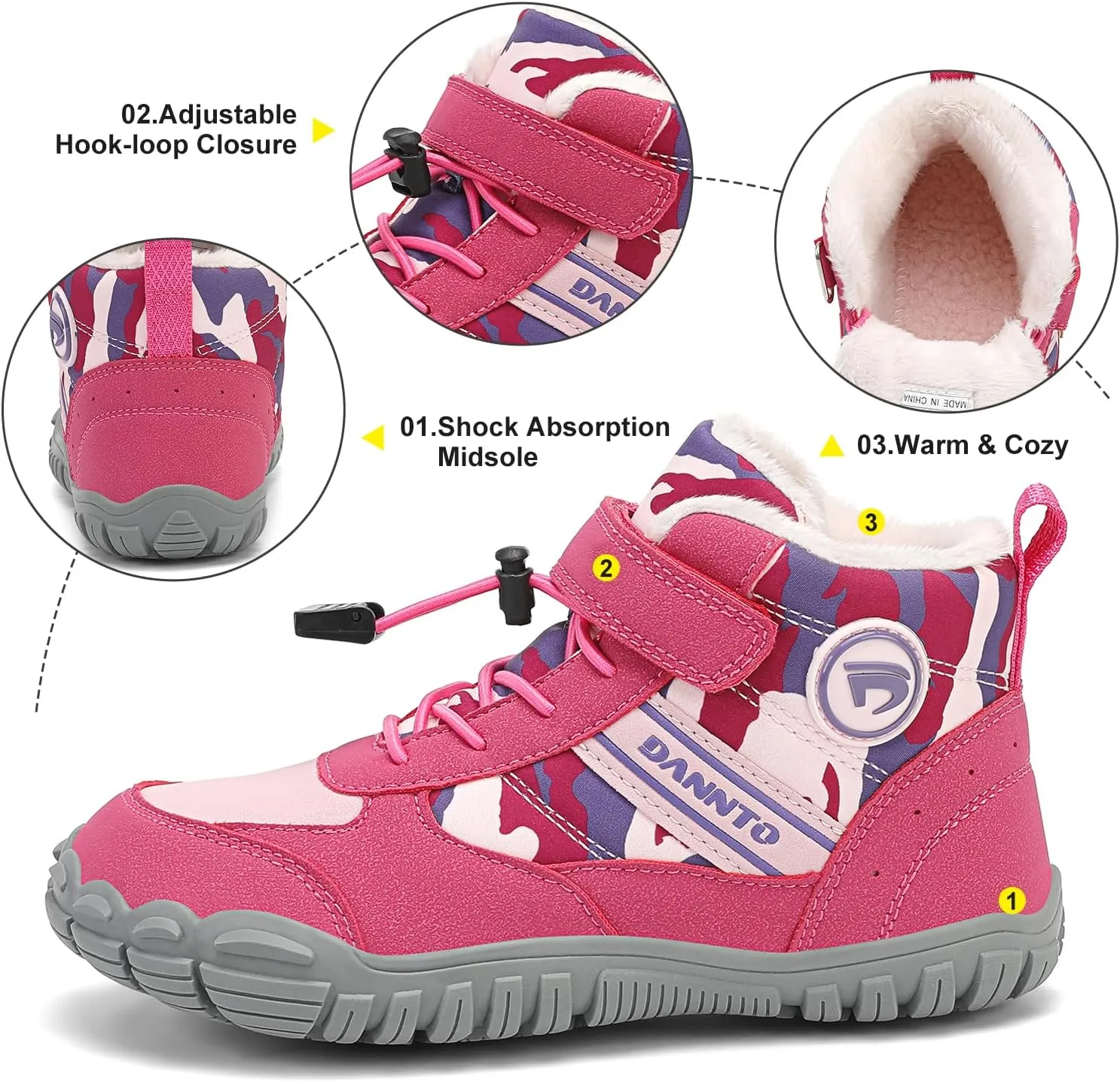 Dannto Kids Winter Snow Boots Boys Girls Wide Toe Box Warm Barefoot Hiking Shoes Fur Lined Outdoor Ankle Walking Boots