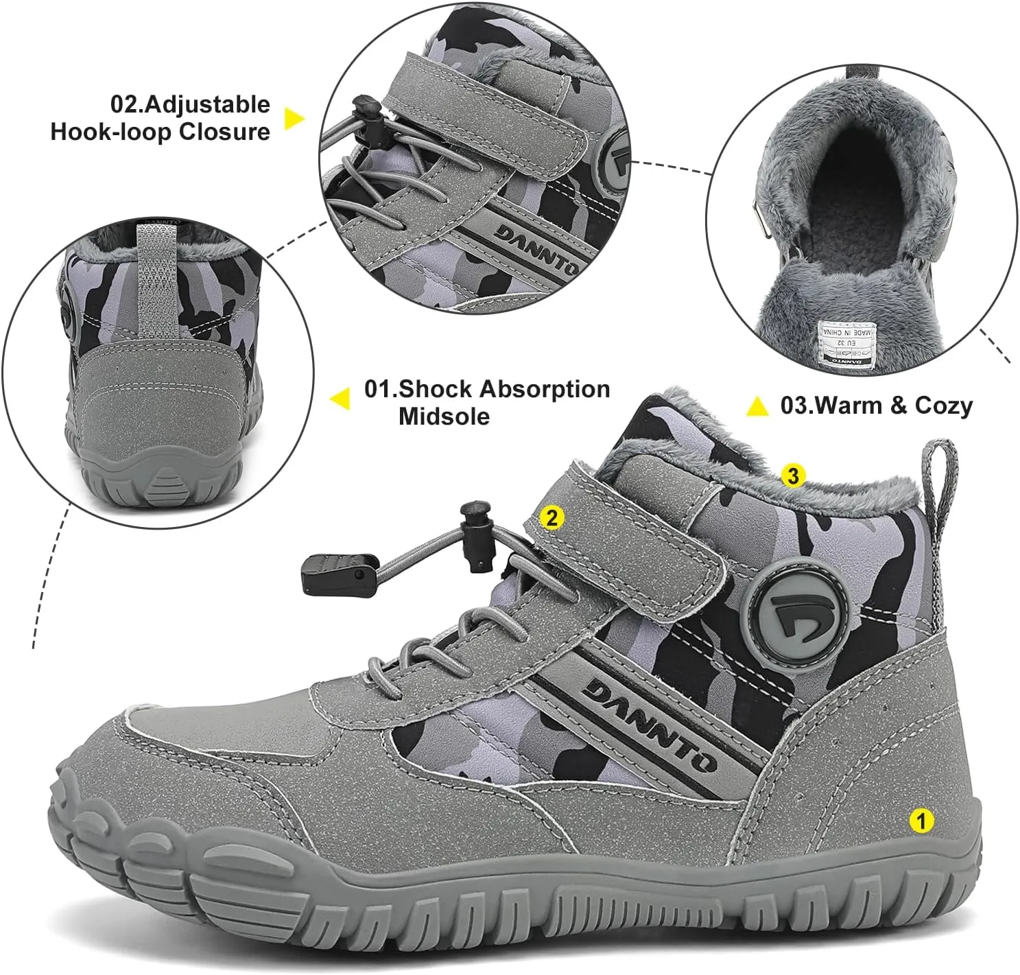 Dannto Kids Winter Snow Boots Boys Girls Wide Toe Box Warm Barefoot Hiking Shoes Fur Lined Outdoor Ankle Walking Boots