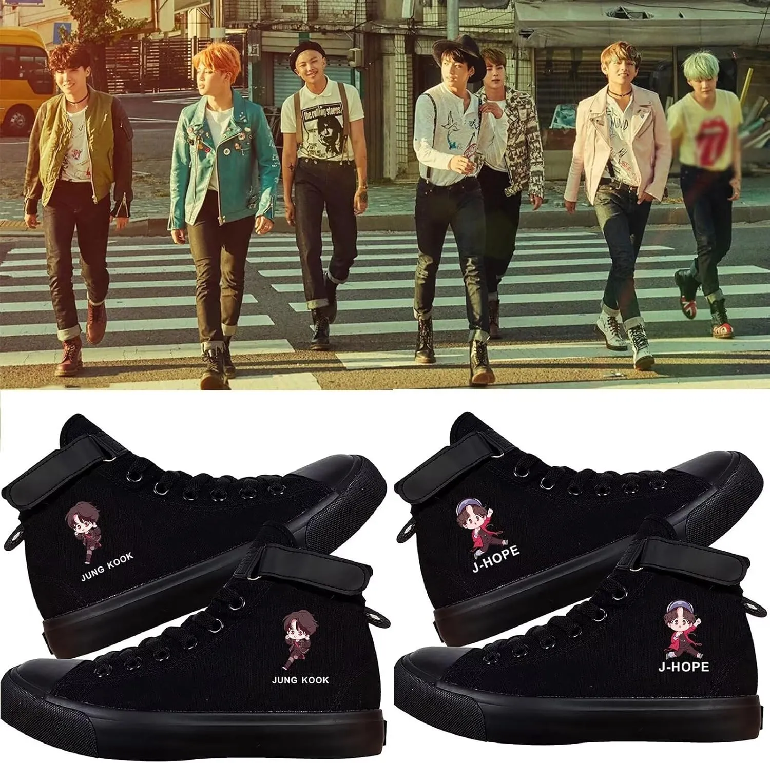 DHSPKN Kpop Idol Jungkook Shoes Jimin High Top Sneakers Cartoon Image J-Hope Rap Monster Jin SUGA V Signature Canvas Shoes