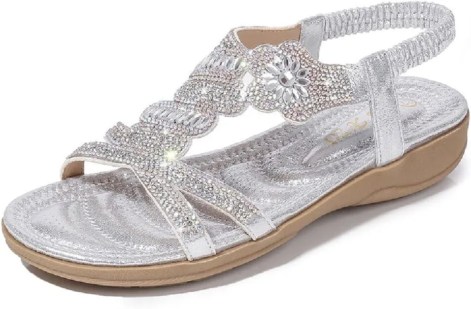 DKCHENH Rhinestone Sandals for Women Flat - Trendy Sparkling Boho Ladies' Flat Sandals,Beautiful Sparkling Boho Ladies' Flat Sandals for Summer.