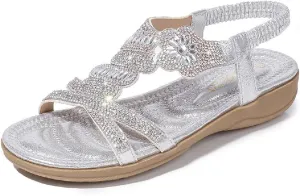 DKCHENH Rhinestone Sandals for Women Flat - Trendy Sparkling Boho Ladies' Flat Sandals,Beautiful Sparkling Boho Ladies' Flat Sandals for Summer.