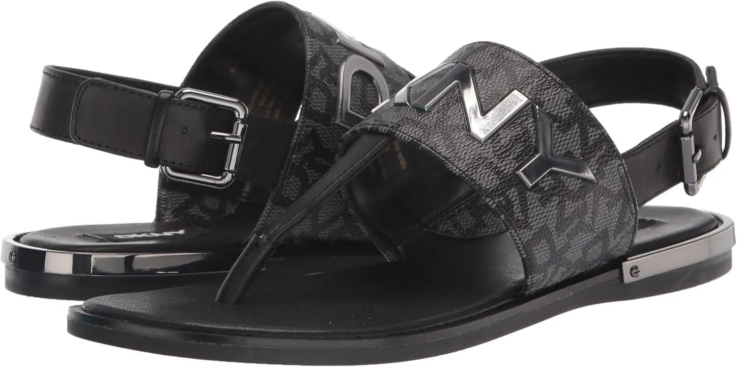 DKNY Women's Flat Buckled Sling Back Logo Sandal Heeled