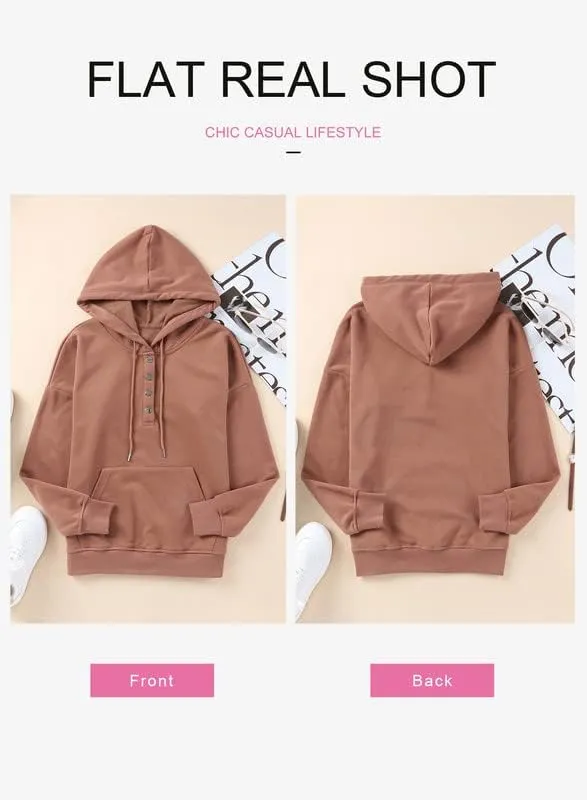 Dokotoo Womens 2025 Hoodies Button Collar Drawstring Hooded Pullover Sweatshirt Casual Long Sleeve Tops Shirts