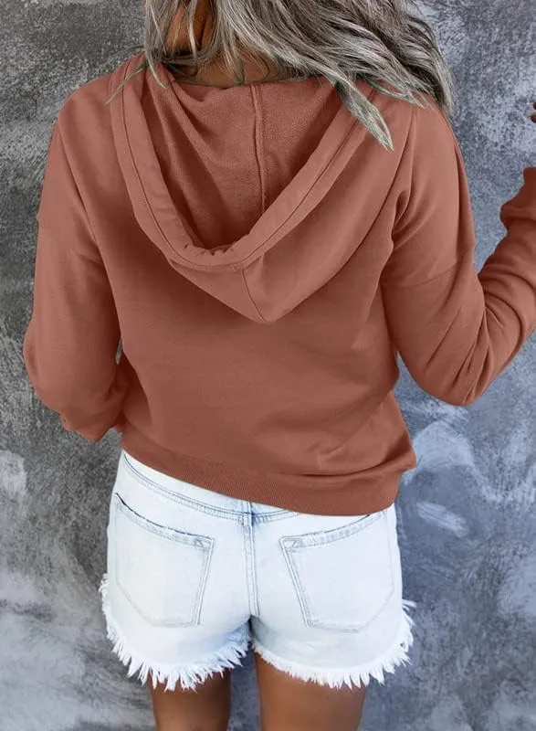 Dokotoo Womens 2025 Hoodies Button Collar Drawstring Hooded Pullover Sweatshirt Casual Long Sleeve Tops Shirts
