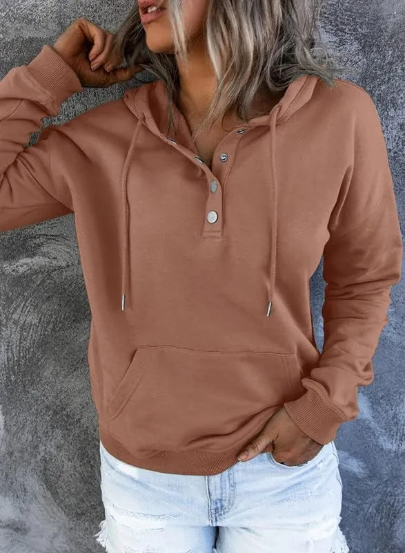 Dokotoo Womens 2025 Hoodies Button Collar Drawstring Hooded Pullover Sweatshirt Casual Long Sleeve Tops Shirts