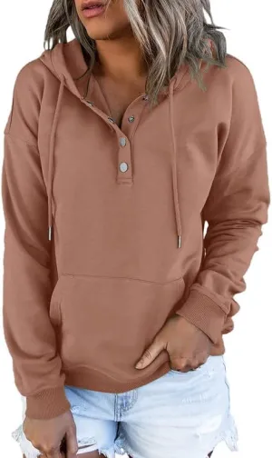 Dokotoo Womens 2025 Hoodies Button Collar Drawstring Hooded Pullover Sweatshirt Casual Long Sleeve Tops Shirts