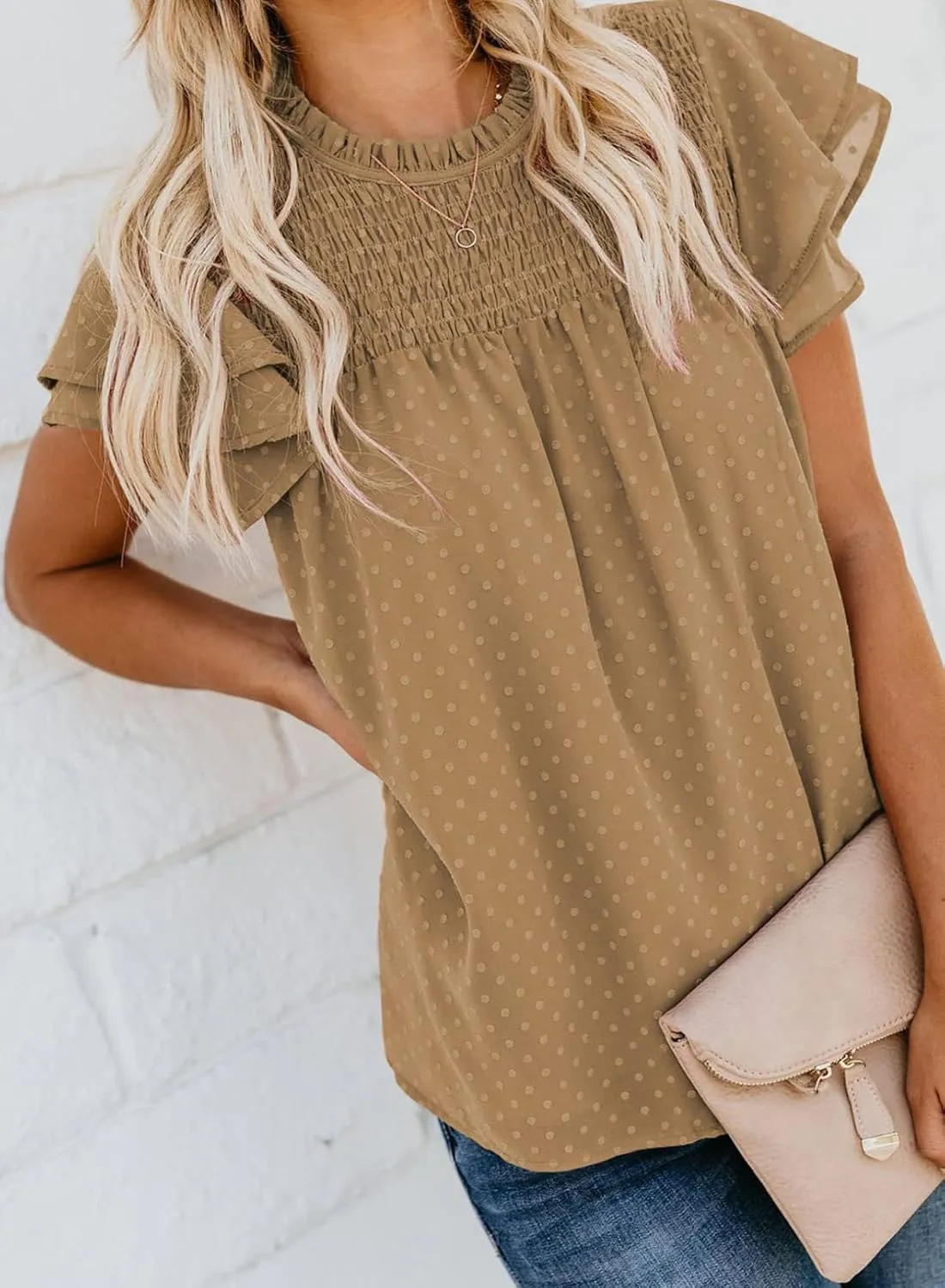 Dokotoo Womens Crewneck Lace Crochet Pom Pom Flowy Short Sleeve Casual Shirts Blouses Tops