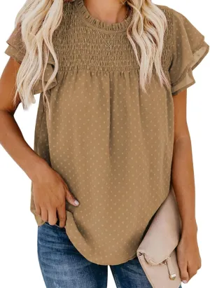 Dokotoo Womens Crewneck Lace Crochet Pom Pom Flowy Short Sleeve Casual Shirts Blouses Tops